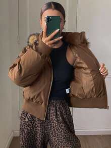 DAZY Women's Loose Fit Ultra Short Fur Collar Hooded Padded Coat - Brown - View 2