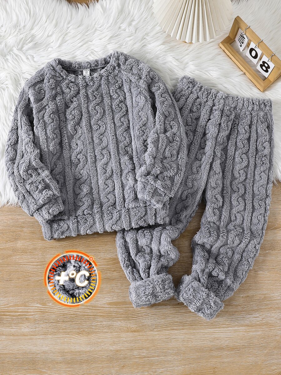 SHEIN Tween Boy Solid Color Long Sleeve Top And Pants Casual Daily Home Pajama Set - Grey - View 1