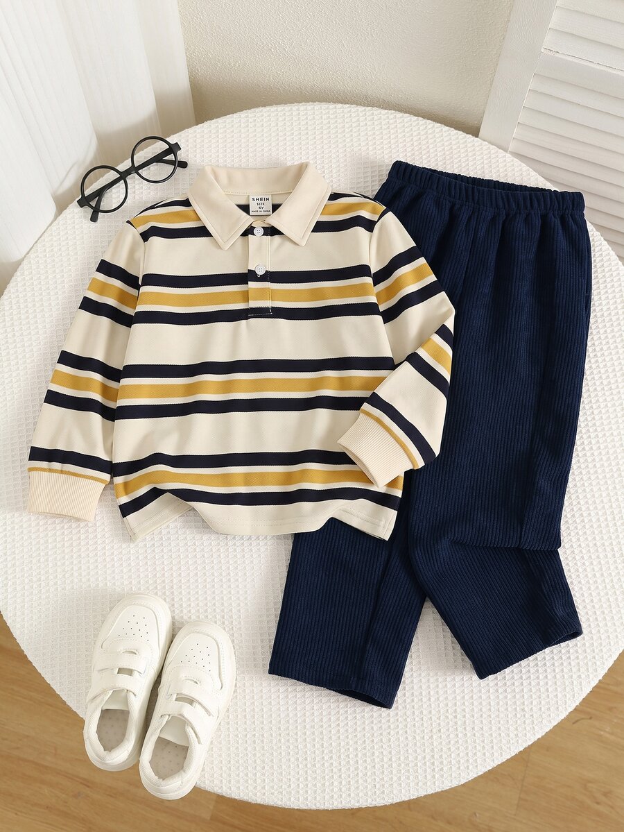 SHEIN 2件組男孩秋冬休閒條紋 Polo 領長袖套頭上衣與休閒長褲套裝，男孩套裝，條紋套裝，秋冬套裝，Polo 套裝 - 彩色 - 查看 1