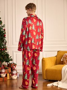 Notgurli Men's Christmas Gingerbread Man Lapel Long Sleeve Top & Pants Set - Multicolor - View 2