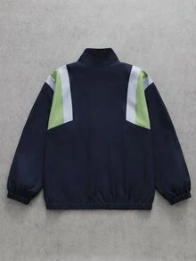 SHEIN 大童男孩拼接色 NEW YORK 字母印花立領拉鍊防風夾克外套，休閒長袖彈性袖口運動外套，適合春秋穿著 - 藍色 - 查看 2