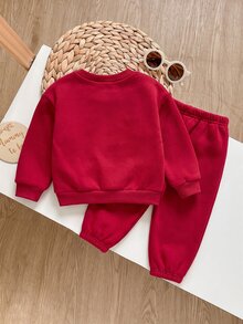 SHEIN 女嬰 Mama's Mini 壓紋字母紅色運動衫與慢跑褲 2件套保暖抓絨運動服，可愛媽咪風秋冬聖誕套裝 - 紅色 - 查看 2