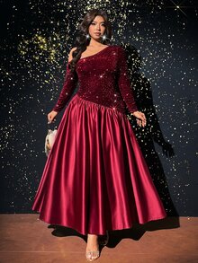 Viva Relle Plus Size French Vintage Cinched Waist Asymmetric Shoulder Elegant Dress - Burgundy - View 1