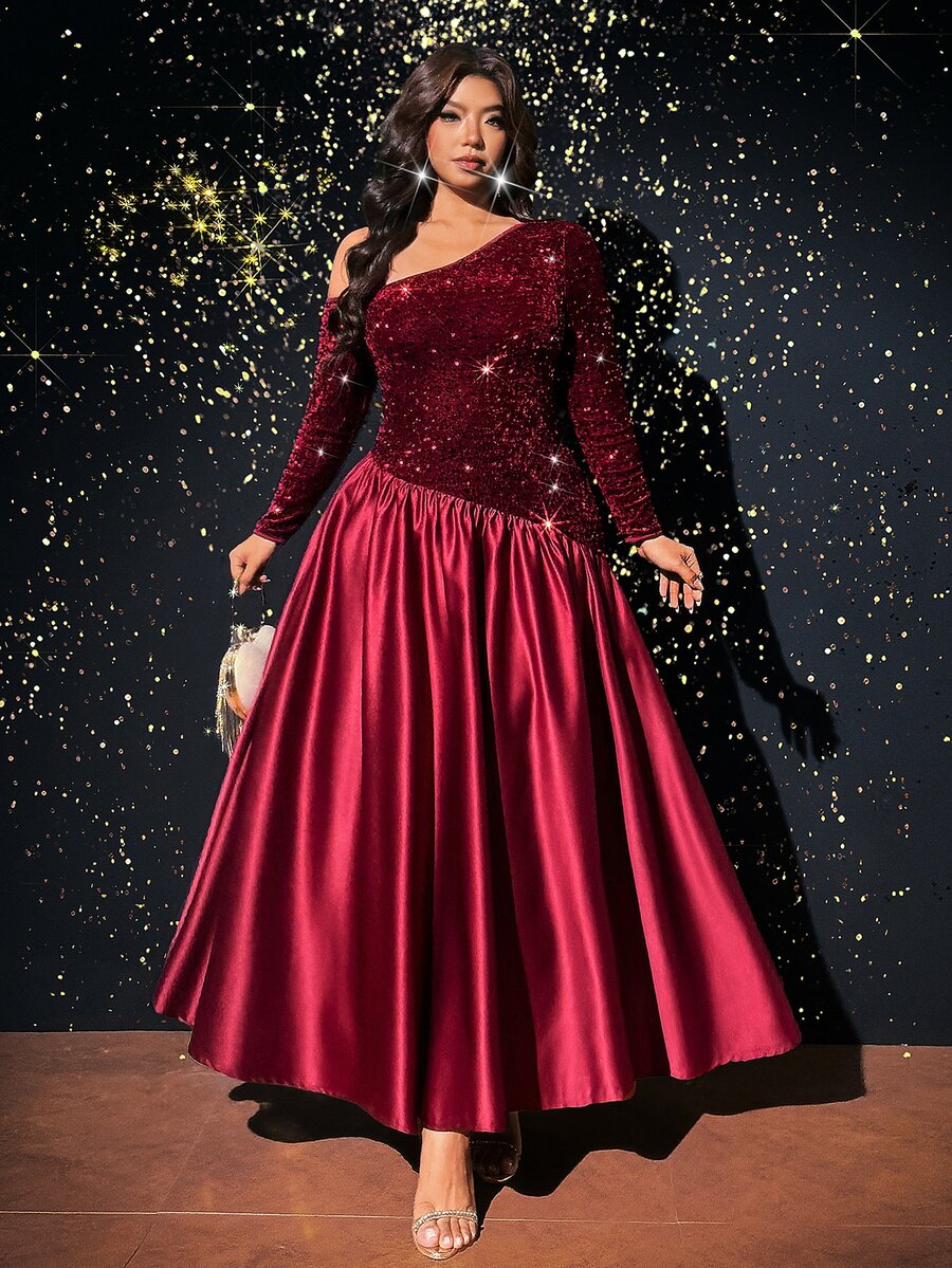 Viva Relle Plus Size French Vintage Cinched Waist Asymmetric Shoulder Elegant Dress - Burgundy - View 1