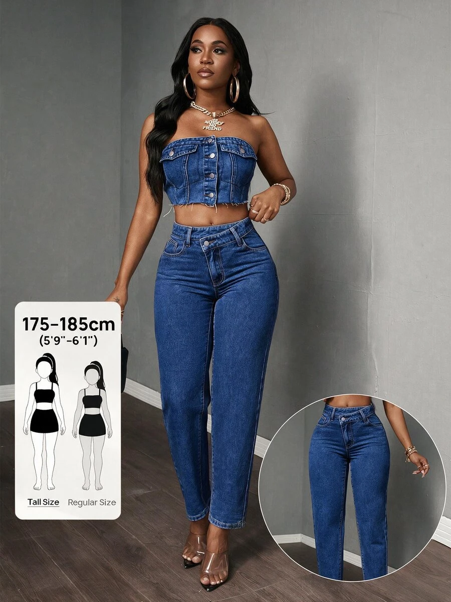 SHEIN Tall 女款不對稱腰部口袋錐形休閒牛仔褲,適合高個女性 - 深色水洗藍 - 查看 1