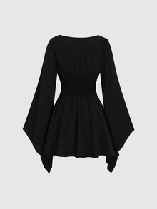 Sweetra Women's Spring/Autumn V-Neck Elegant Flowy Loose Extra Long Sleeve Short Dress - Black - View 2