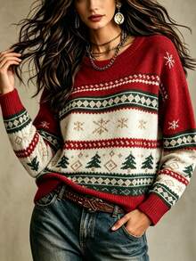 INAWLY Christmas Style Crew Neck Fair Isle Jacquard Sweater, Vintage Christmas Tree & Snowflake Contrast Color Long Sleeve Knit Top - Multicolor - View 6