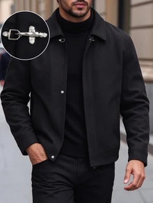 Manfinity Bizformal 男士黑色羊毛混紡短夾克，飛機扣設計，翻領隱扣拉鍊休閒外套，極簡都市風日常商務大衣 - 黑色 - 查看 3