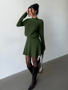 Elenzga 女款寬鬆休閒圓領紋理上衣與百褶裙兩件套 - 軍綠色 - 查看 6