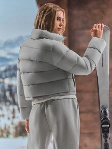 GLOWMODE Après-Ski 緞面羽絨外套，立領設計、可調式下擺與抓絨內裡口袋，秋冬滑雪雪地穿著 - 灰色 - 查看 4