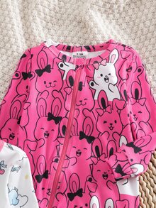 Autumn/Winter Knit Thin Round Neck Contrast Color Pink Cute Fun Elephant Colorful Balloon Little Rabbit Digital Print Popular Hot-Selling Pattern Long Sleeve Jumpsuit Zipper Design Slim Fit Comfortable Soft Fabric 2 Pieces Pajama Set Loungewear - Multicolor - View 13