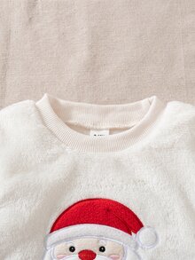 SHEIN 2件組幼兒男童衛衣長褲套裝，可愛白色紅綠配色，毛絨長袖圓領，修身版型，刺繡貼布設計，舒適保暖，適合秋季日常穿著 - 紅白色 - 查看 4