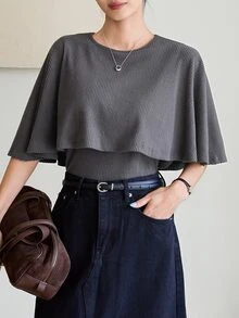Dazy-Less Autumn Dark Gray Round Neck Long Sleeve Solid Color Loose Casual Drop Shoulder All-Match Versatile Women's T-Shirt - Dark Grey - View 8