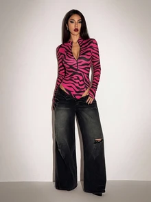 SHEIN ICON Casual Street Style Purple Red Zebra Print Full Pattern Colorblock Black Zipper Women's Bodysuit Suitable For Autumn/Winter - Multicolor - View 5