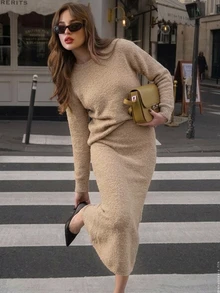 Livesso Women's Solid Color Round Neck Drop Shoulder Long Sleeve Sweater And Knit Skirt Elegant Set - White - View 4