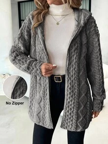 SHEIN Clasi 女款長袖拉鍊連帽紋理抓絨外套 秋冬款 - 深灰色 - 查看 1