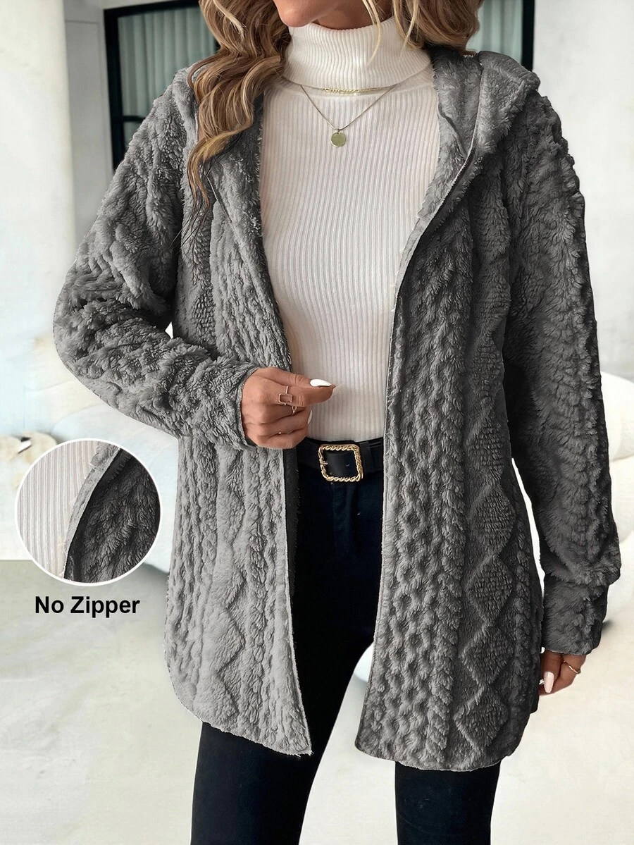 SHEIN Clasi 女款長袖拉鍊連帽紋理抓絨外套 秋冬款 - 深灰色 - 查看 1