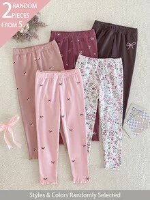 SHEIN 5件隨機發送 2件組 秋冬單面保暖內裡女童幼兒內搭褲 可愛花朵蝴蝶結印花 柔軟舒適保暖內裡長褲 2件套 - 彩色 - 查看 7