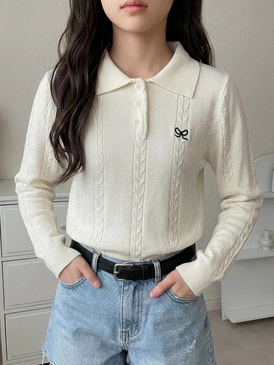 Dazy Kids Polo Collar Fitted Long Sleeve Basic Top, Autumn/Winter Girls (Large) Knit Top - Beige - View 1