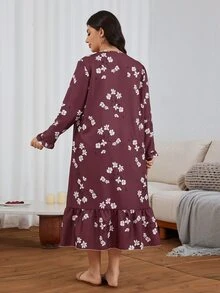 Serenescape Plus Size Bubble Crepe Ditsy Floral Ruffle Trim Long Sleeve Nightgown - Redwood - View 2