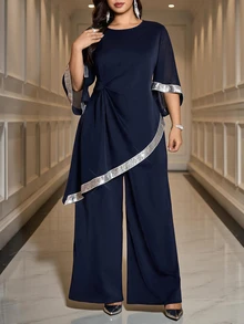 Reflora Plus Size Women Colorblock Round Neck Bell Sleeve Asymmetric Hem Top Wide Leg Pants Elegant 2 Pieces Set Wedding Guest Evening Black Autumn Fall - Navy Blue - View 7