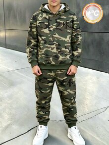 青少年男孩街頭風圖案時尚極簡落葉字母印花拼色秋冬連帽衛衣套裝 運動校園學生灰色 - 彩色 - 查看 1