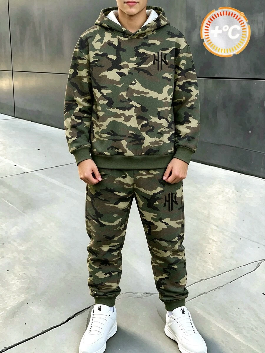 青少年男孩街頭風圖案時尚極簡落葉字母印花拼色秋冬連帽衛衣套裝 運動校園學生灰色 - 彩色 - 查看 1