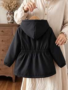 SHEIN 1件女童冬季新款粉色花卉保暖內裡拉鍊開襟外套，彈性腰頭連帽衛衣，加厚保暖抓絨，簡約時尚百搭防寒夾克，適合戶外與通勤 - 黑色 - 查看 2