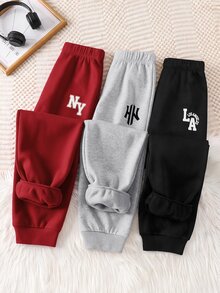 SHEIN 青少年男孩 3件組休閒百搭黑色、灰色、多色紅色運動長褲，適合通勤、上學、日常休閒穿著、運動 - 彩色 - 查看 4