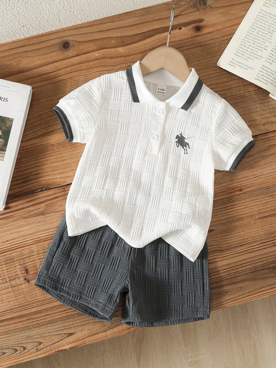 Souflis Souflis 男嬰深灰色馬匹印花夏季提花 Polo 領短袖短褲兩件套 - 灰色 - 查看 1