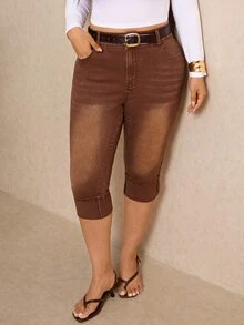 Elaquor Plus Size Casual Daily Wear Denim Jeans With Pockets - Brown - View 7