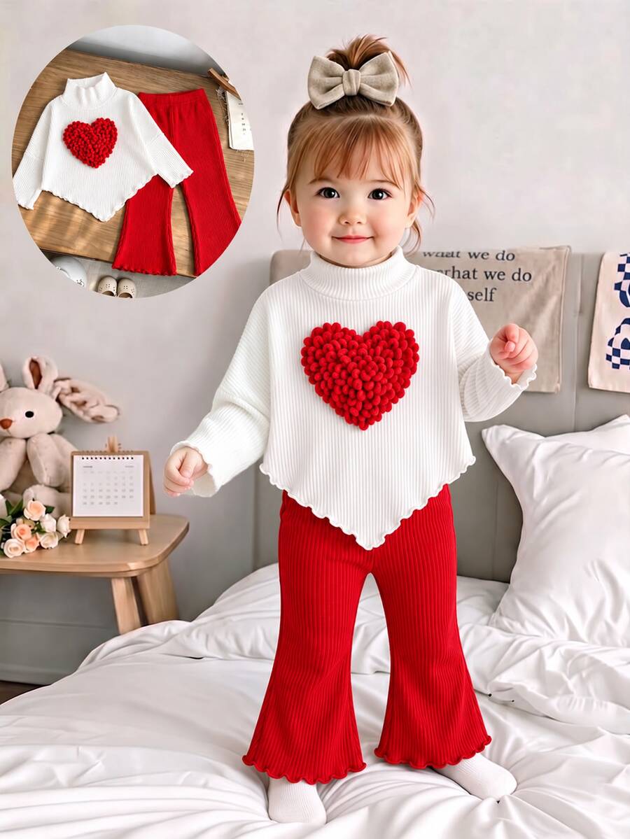 SHEIN 2件組幼兒女嬰可愛白色紅心羅紋長袖立領修身喇叭褲套裝,舒適秋季公主風兒童女童假日甜美穿搭 - 紅色 - 查看 1