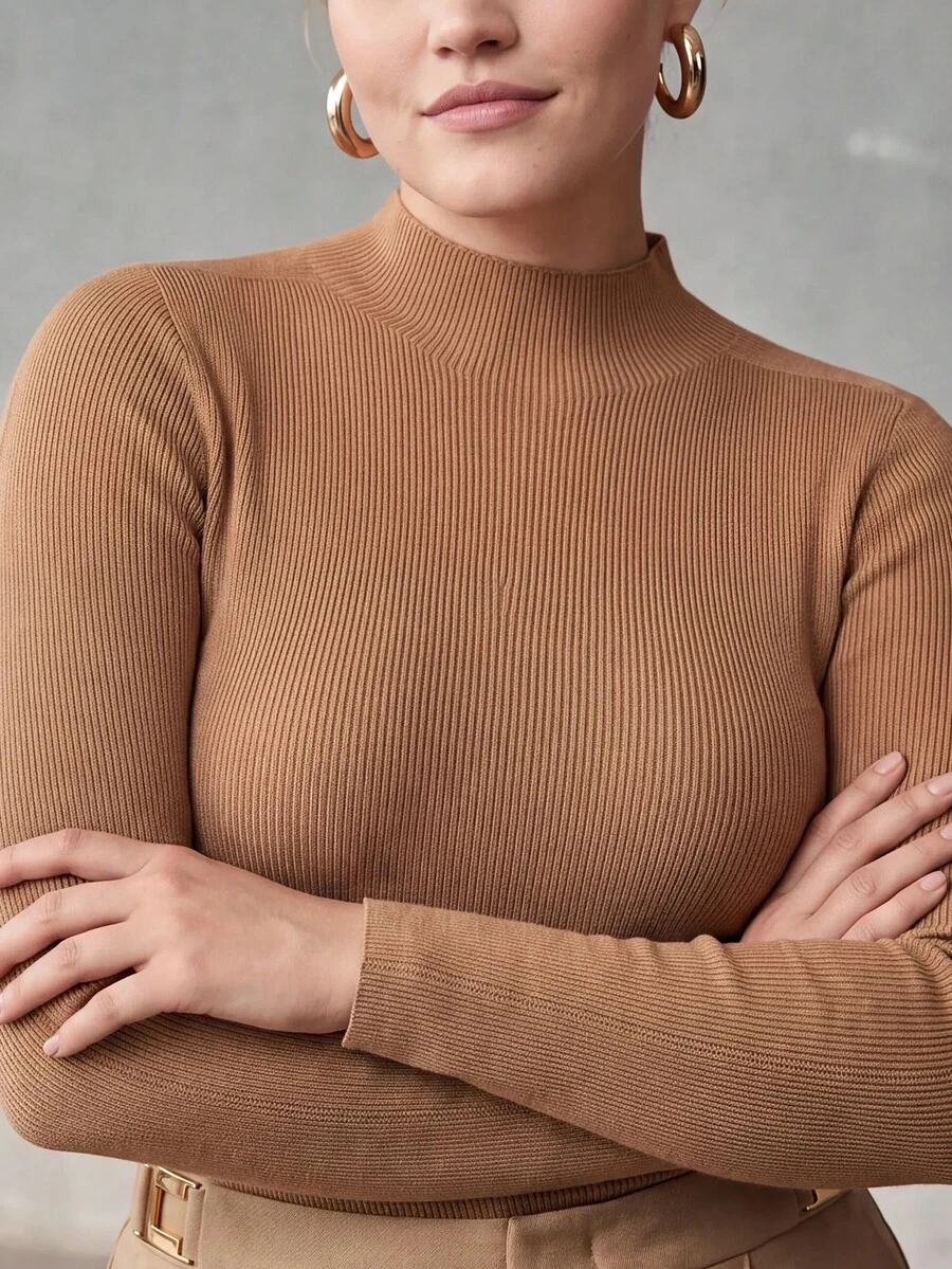 MOTF PREMIUM PLUS SIZE WOMEN'S SOLID COLOR CASUAL VERSATILE DAILY WEAR SWEATER - Khaki - View 2