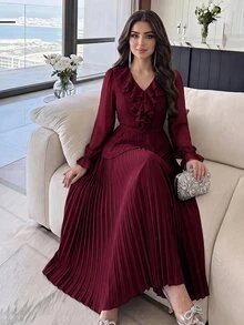 Feyla Women's Solid Color Ruffle Trim Casual Party Long Commuter , Fall Women Fall - Burgundy - View 3