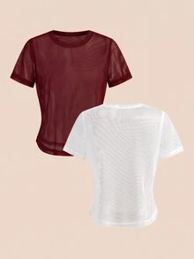 SHEIN Cheerettes 女款 2 件組休閒透視網眼運動 T 恤運動服套裝，運動上衣健身健身房運動服，適合秋季 - 彩色 - 查看 3