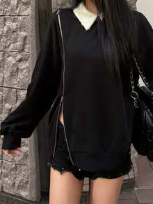 FRIFUL Sweatshirt Wanita Lengan Panjang Serbaguna dengan Dekorasi Logam dan Resleting - Hitam - View 4