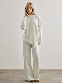 SHEIN Women Round Neck Long Sleeve Fringe Hem Detailed Sweater And Sweater Pant 2pcs Set Co-Ords - White - View 4