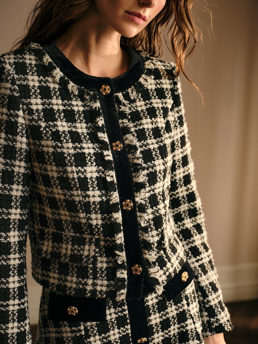 MOTF PREMIUM WOMEN'S PLAID LONG SLEEVE JACKET AND SKIRT FASHION 2 PIECES SET - Black and White - View 1