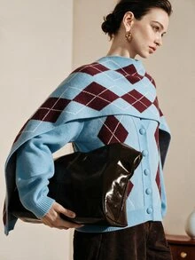 Arave Women's Polar Fleece Fabric Loose Fit Argyle Design Casual Sweater 2 Pieces Set - Multicolor - View 4