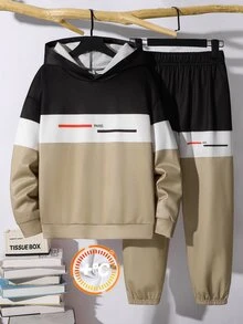SHEIN 兒童 2 件組青少年男孩休閒新款英文字母運動風拼色連帽衛衣與運動長褲套裝，適合秋冬、返校、舒適、家庭聚會、生日派對、拍照、度假、假日、運動風 - 彩色 - 查看 2
