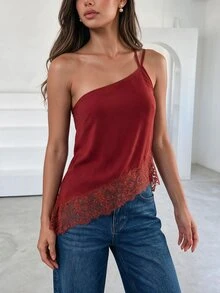 CAJUNI ملابس علوية حمراء أنيقة فاخرة منسوجة مع دانتيل - عنابي اللون - مشاهدة 1