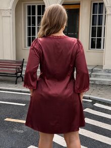Easura Plus Size Satin & Lace Patchwork Tie-Up Dress - Burgundy - View 2