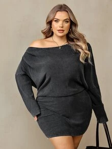 SHEIN CURVE+ Dark Grey Long-Sleeved Off-Shoulder Pleated Washed Slim-Fit Mini Dress,Asymmetrical One-Shoulder Des - Dark Grey - View 5