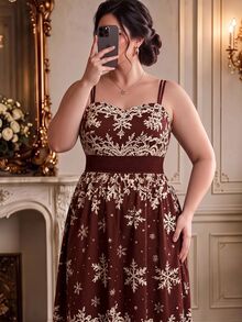 Rometta Plus Size Women's New Halloween Pumpkin & Bat Fun Print A-Line Cinched Waist Double Strap Colorblock Cami Dress - Multicolor - View 8