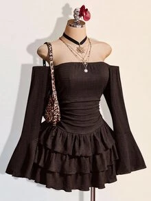 SHEIN ICON 女款純色抓皺露肩休閒派對迷你洋裝 - 棕色 - 查看 5