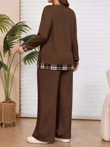 Rosumi 大尺碼女款格紋印花拼接長袖上衣與長褲休閒西式日常兩件套家居服 棕色 秋冬 - 彩色 - 查看 2