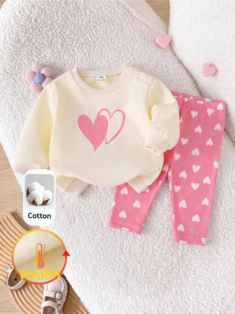 SHEIN Newborn Baby Heart Pattern Long Sleeve Top And Pants Casual Everyday Set - Multicolor - View 1