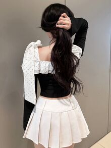 FRIFUL Áo thun nữ họa tiết chấm bi phối màu phong cách thường ngày thoải mái - màu đen - Xem 7