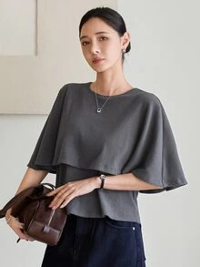 Dazy-Less Autumn Dark Gray Round Neck Long Sleeve Solid Color Loose Casual Drop Shoulder All-Match Versatile Women's T-Shirt - Dark Grey - View 4