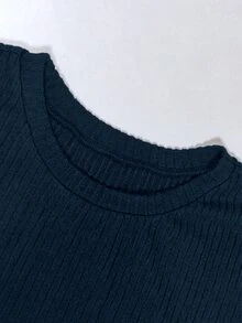 Velvienne Plus Size Ribbed Crew Neck Lantern Long Sleeve Loose Tunic Top, Curvy Casual Solid Color Plus Size Tee For Women Loose Fit, Long Sleeve Top Plus Size, - Blue - View 3